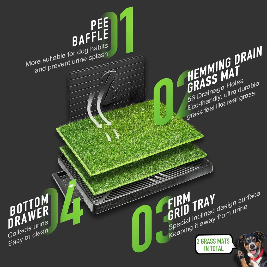 Dog Potty with Tray Large 30''X20'', 2 Artificial Grass Patch for Indoor and Outdoor Use, Puppy Turf Grass Pad Reusable Training Pads with Pee Baffle, Ideal for Dogs