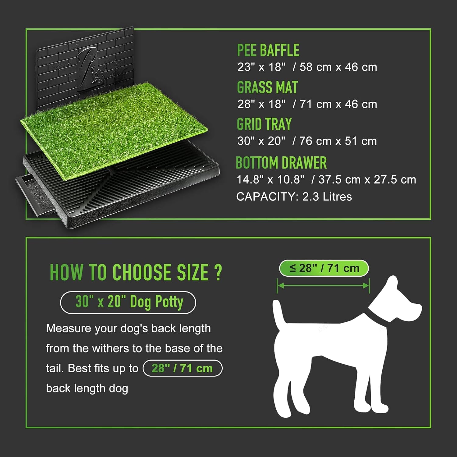 Dog Potty with Tray Large 30''X20'', 2 Artificial Grass Patch for Indoor and Outdoor Use, Puppy Turf Grass Pad Reusable Training Pads with Pee Baffle, Ideal for Dogs